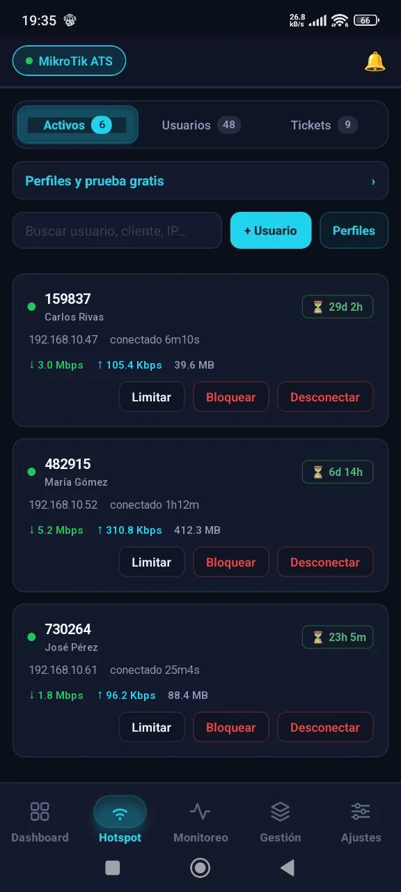 Sesiones activas del hotspot en MikroWix